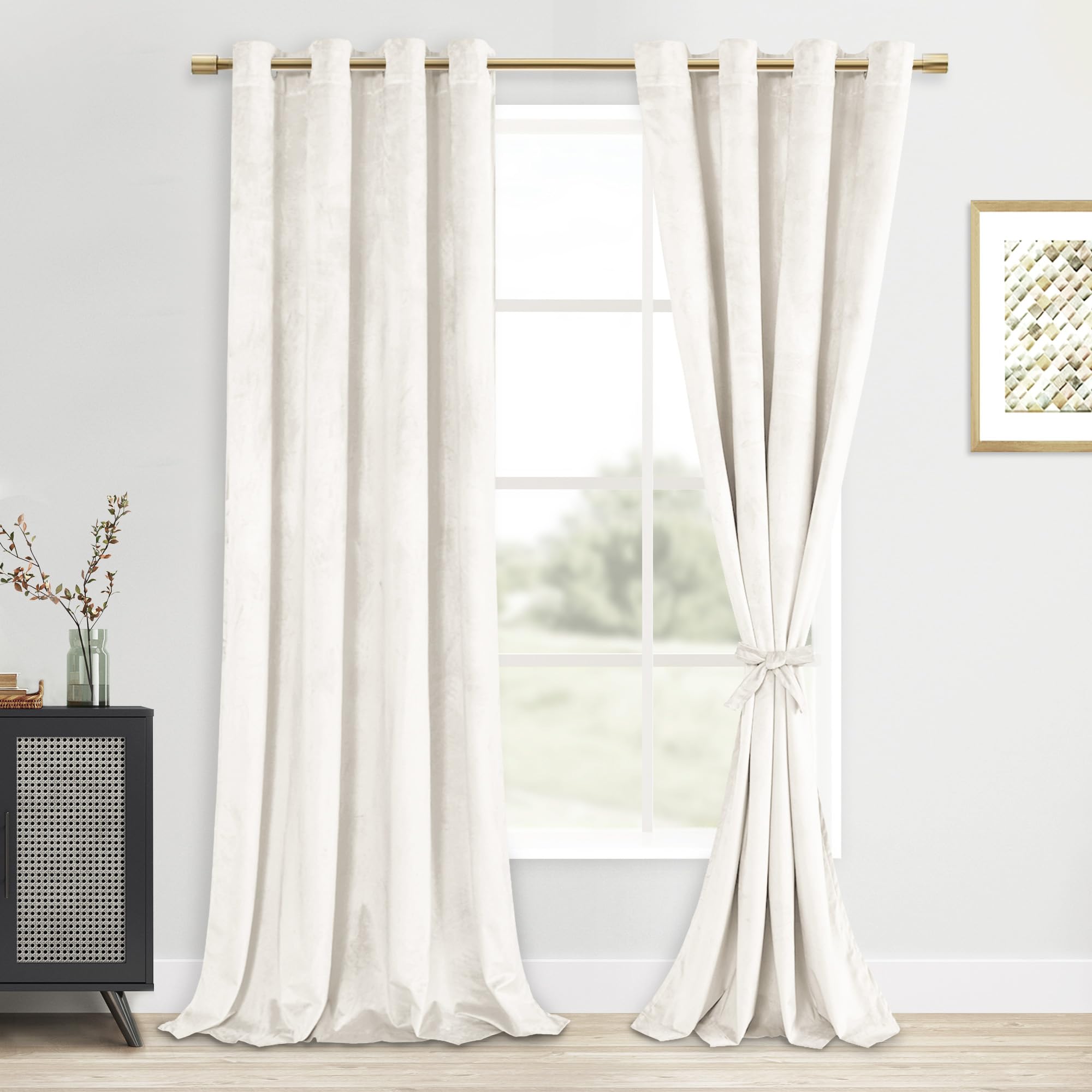 Dwcn Ivory Velvet Curtains 96 Inches Long - Elegant Thermal Insulated Noise Absorb Tieable Grommet Curtains Warm Soft Texture Pr