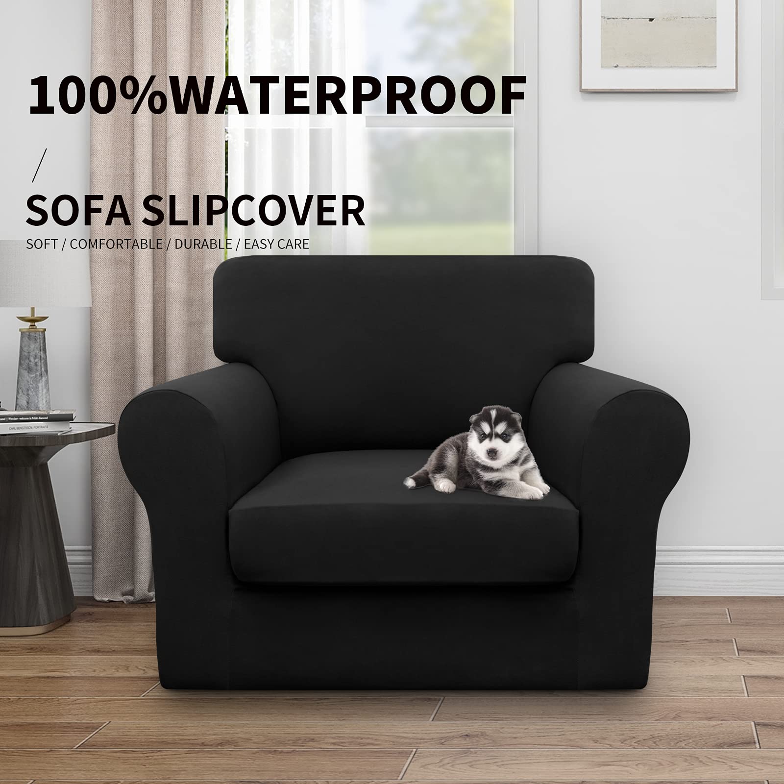 Easy-Going 100% Dual Waterproof 2 Pieces Chair Cover Stretch Soft Couch Cover For Dogs, Sofa Slipcover For 1 Separate Cushion Couch Leakproof Furniture Protector For Kids, Pets Black