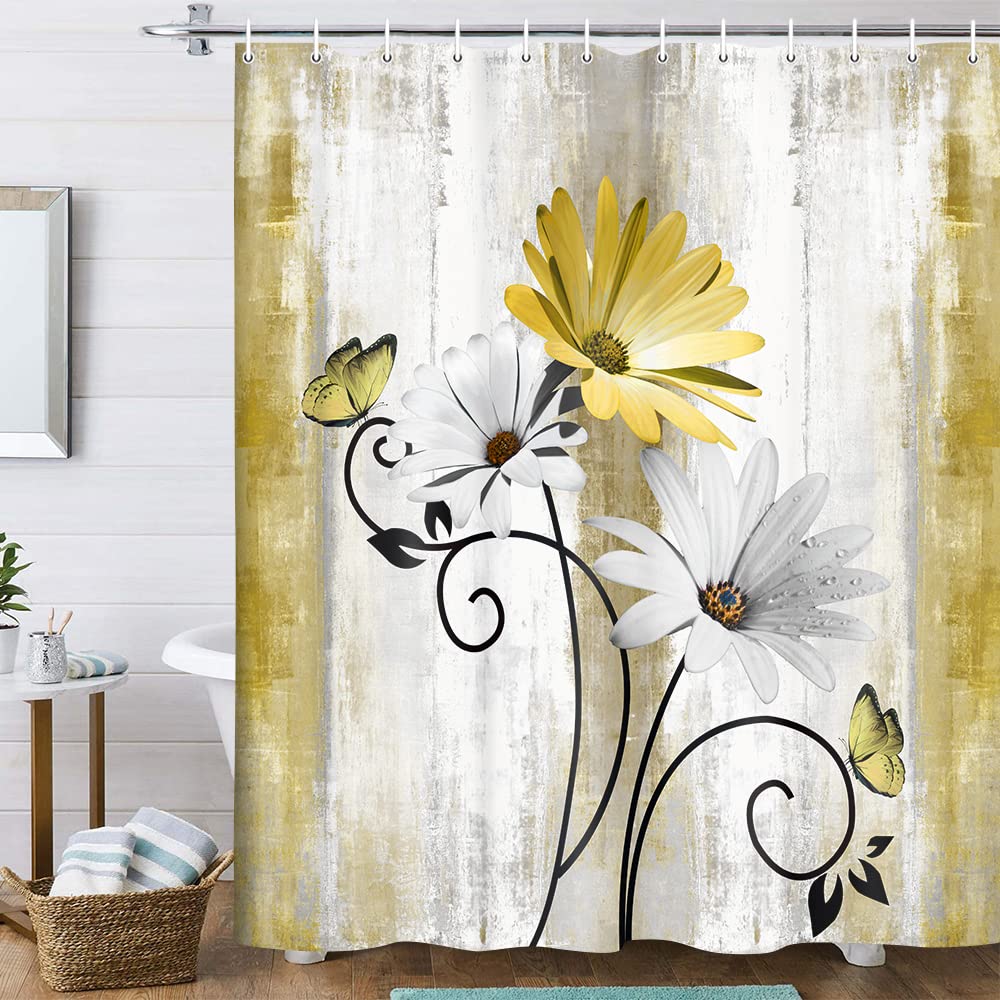 VeiVian Rustic Farmhouse Shower Curtain, Farm Yellow Daisy Floral Flowers and Butterfly on Country Wooden Shower Curtain for Bat