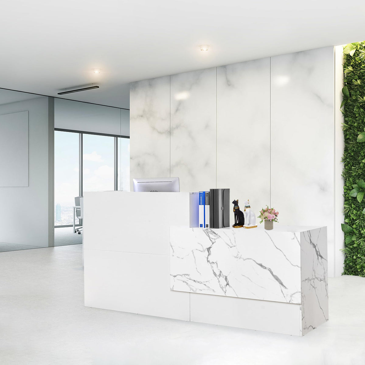 LayBurst Reception Desk,Modern Checkout Counter with Lockable Drawer,Keyboard Tray and Shelves,White Receptionist Desk for Corpo
