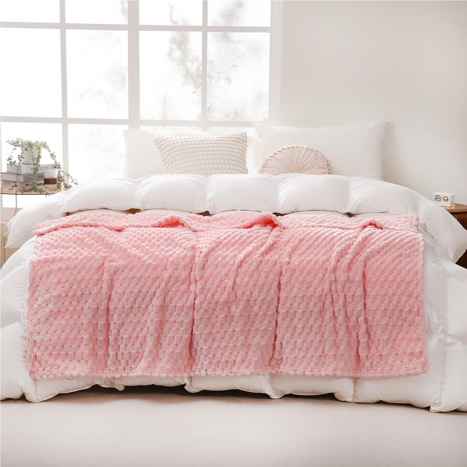 Puncuntex Light Pink Throw Blanket 108''  90'' Inches Fuzzy 3D Jacquard Decorative Flannel Fleece Super Soft Plush Cozy Blanket