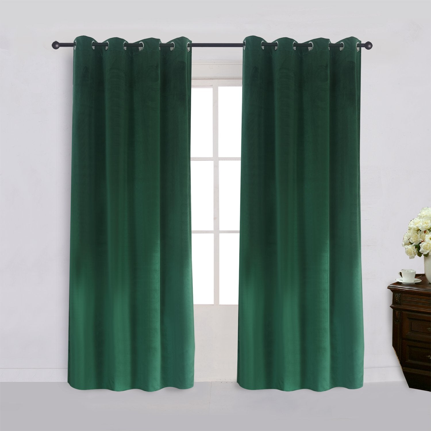 Super Soft Signature Velvet Curtains Set Of 2 Dark-Green Classic Blackout Panels Home Theater Grommet Drapes Eyelet 52Wx96L-Inch