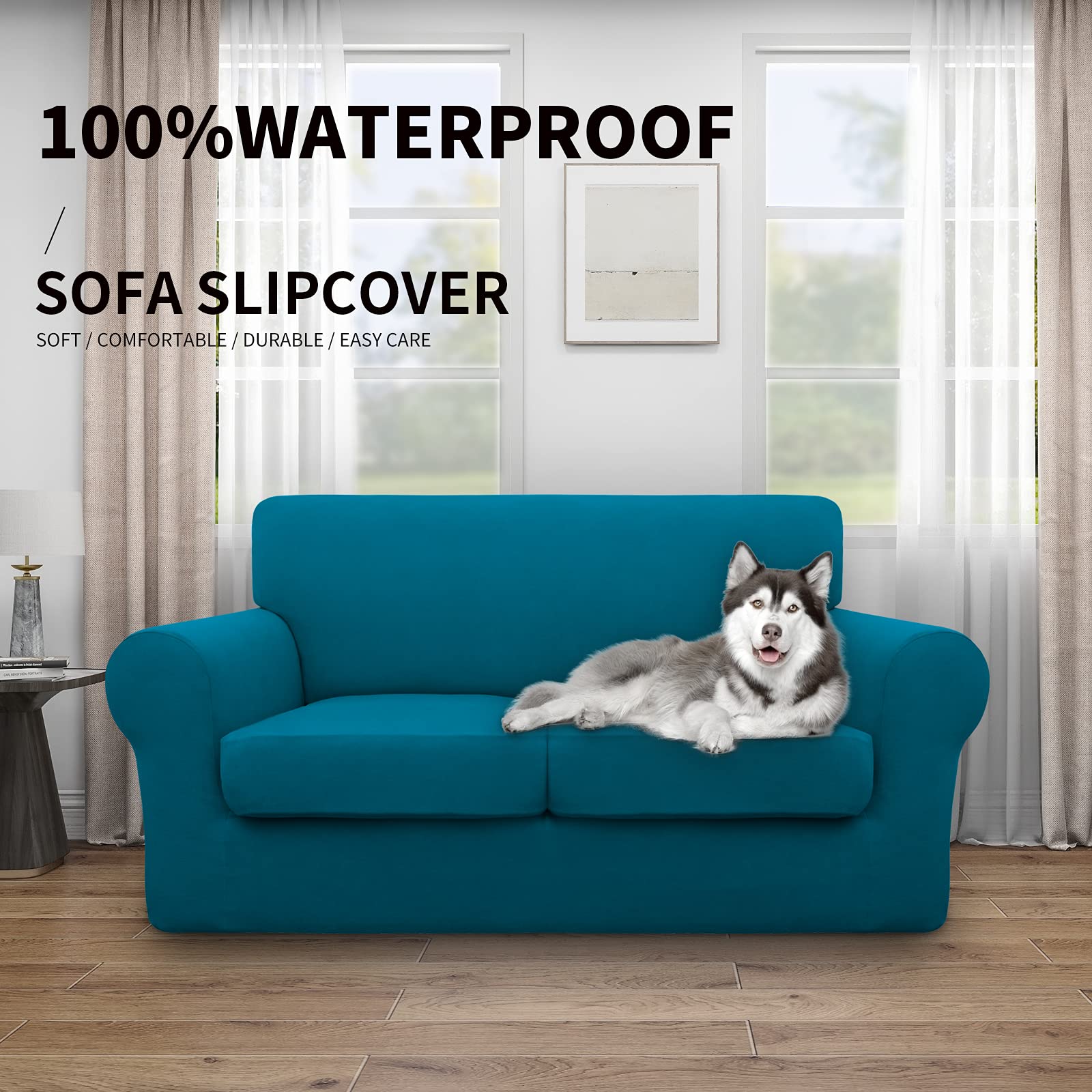 Easy-Going 100% Dual Waterproof 3 Pieces Loveseat Cover Stretch Soft Couch Cover For Dogs, Sofa Slipcover For 2 Separate Cushion Couch Leakproof Furniture Protector For Kids, Pets Peacock Blue