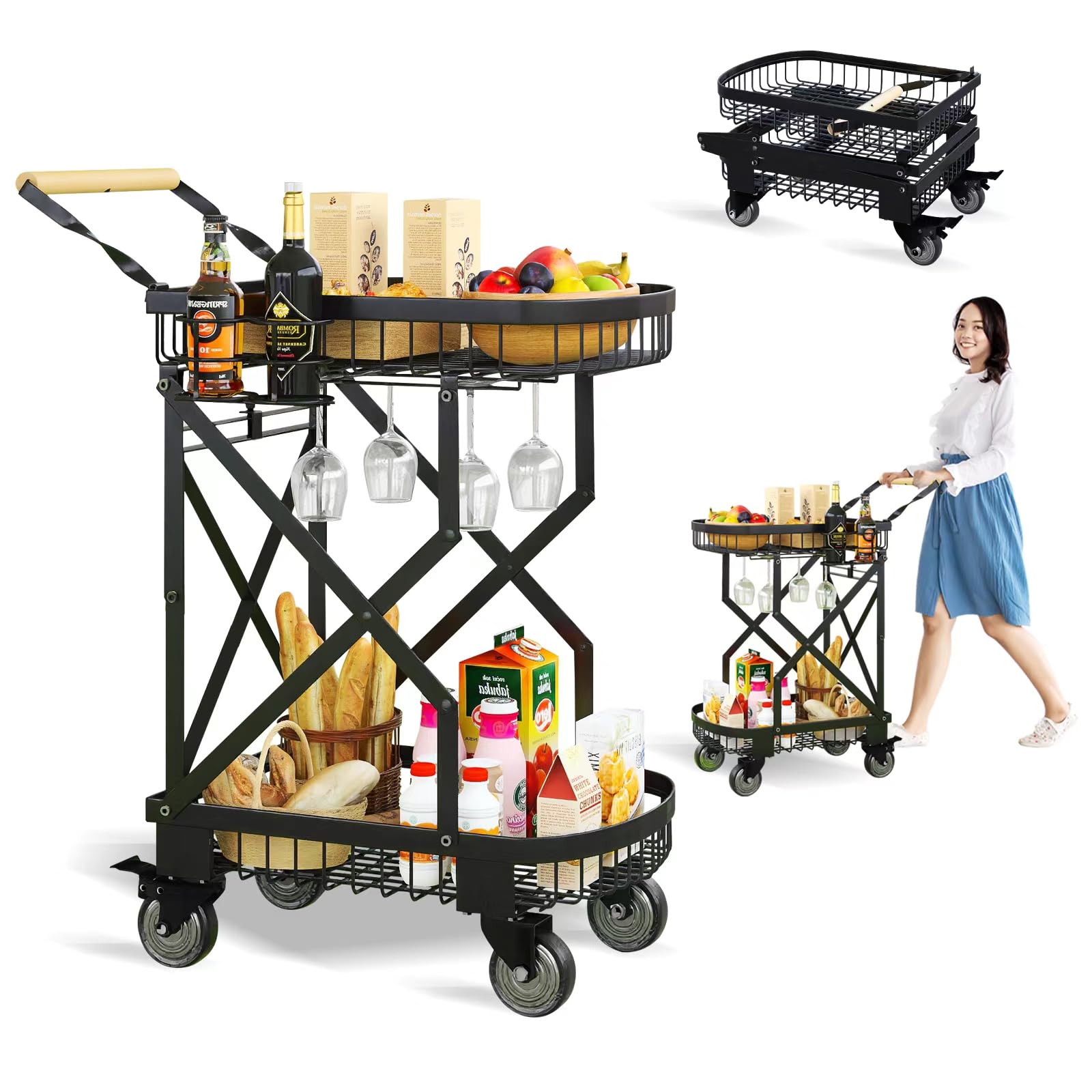 2-Tier Foldable Shopping Cart for Groceries, Collapsible Cart with 360 Rolling Swivel Wheels, Heavy Duty Multi Function Folding 