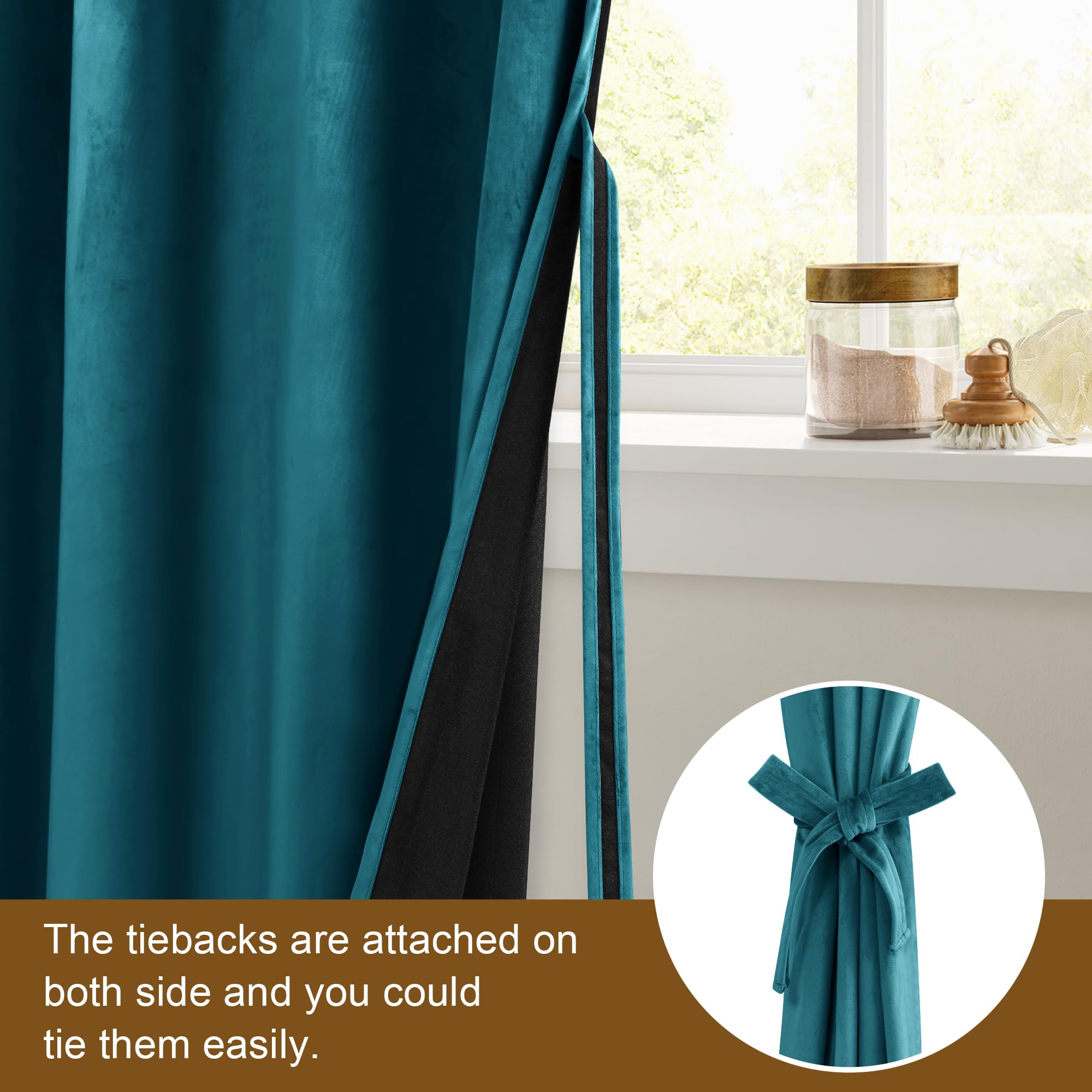 Dwcn Teal Velvet Blackout Curtains - 96 Inches Long Tieable Window Curtains Panels Grommet Design Thick Fabric Thermal Insulated