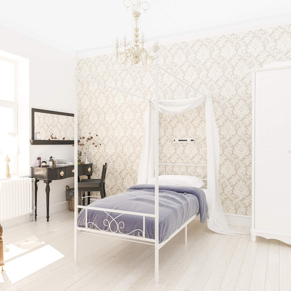 Weehom Twin Canopy Bed Frame With Headboard And Footboard, 4 Posters Metal Bed Frame, No Box Spring Needed, Mattress Foundation Platform Bed For Kids And Adults, White