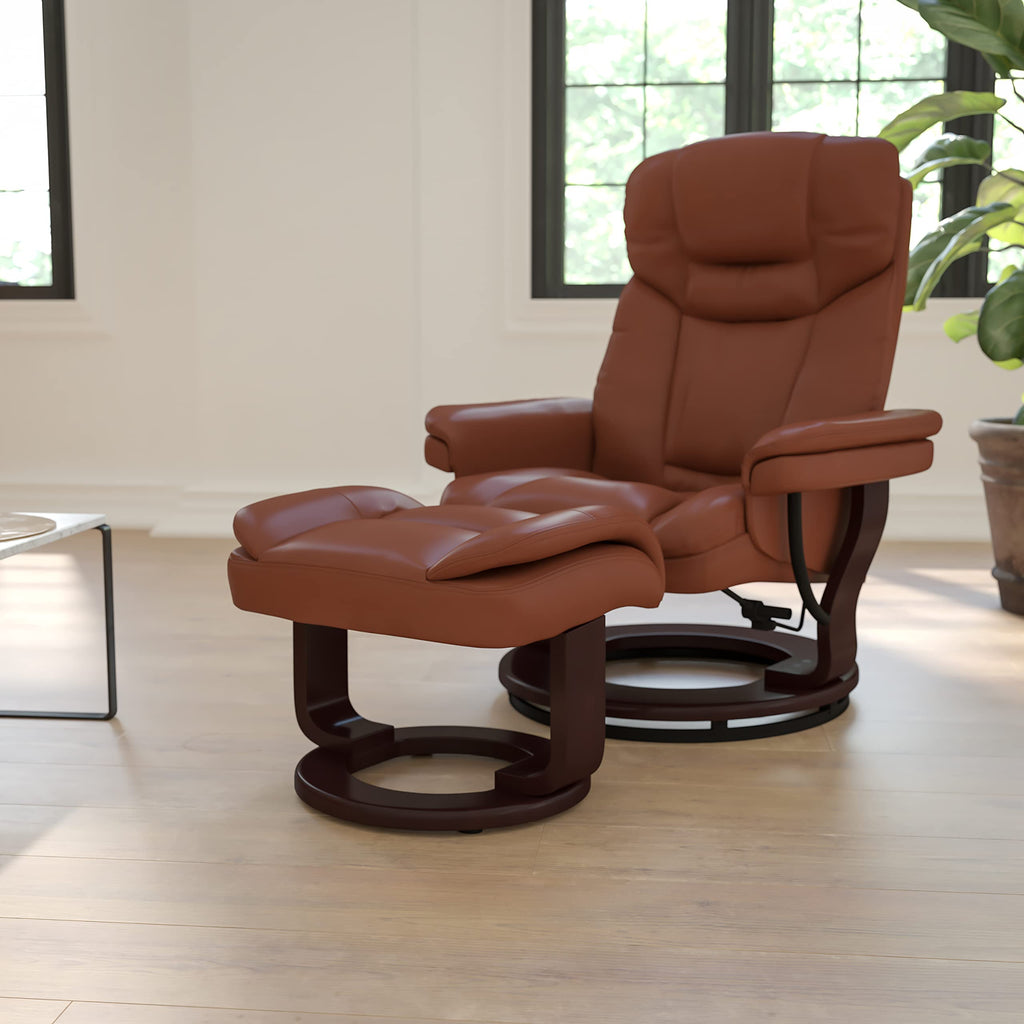 Flash Furniture Allie LeatherSoft Upholstered Recliner with Footrest, Arms, and Headrest, Padded Swivel Recliner Chair and Ottoman Set, Brown Vintage