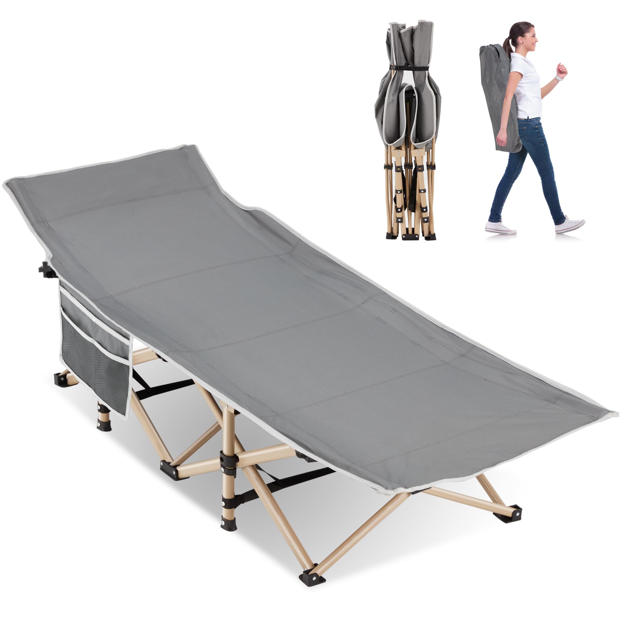 Candockway Camping Cots for Adults, Folding Camping Cot Bed for Sleeping, Portable Bed(Grey) Include Carry Bags, 550LBS Max Load
