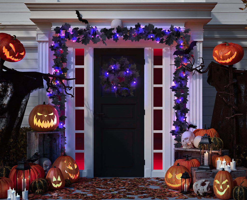Recutms Artificial Maple Leaves Maple Leaf With Lights 5.7Ft Fall Maple Leaf Garland Hanging Black With 30 Lights The Artificial