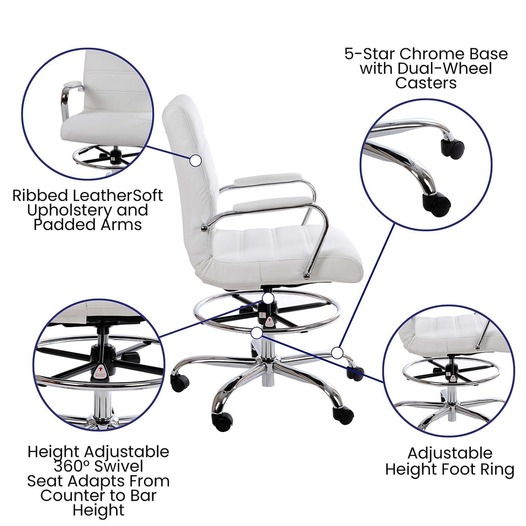 Flash Furniture Whitney Mid-Back Swivel LeatherSoft Drafting Chair with Padded Seat, Armrests, and Foot Ring, Adjustable Office Chair, White/Chrome