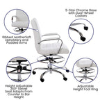 Flash Furniture Whitney Mid-Back Swivel LeatherSoft Drafting Chair with Padded Seat, Armrests, and Foot Ring, Adjustable Office Chair, White/Chrome