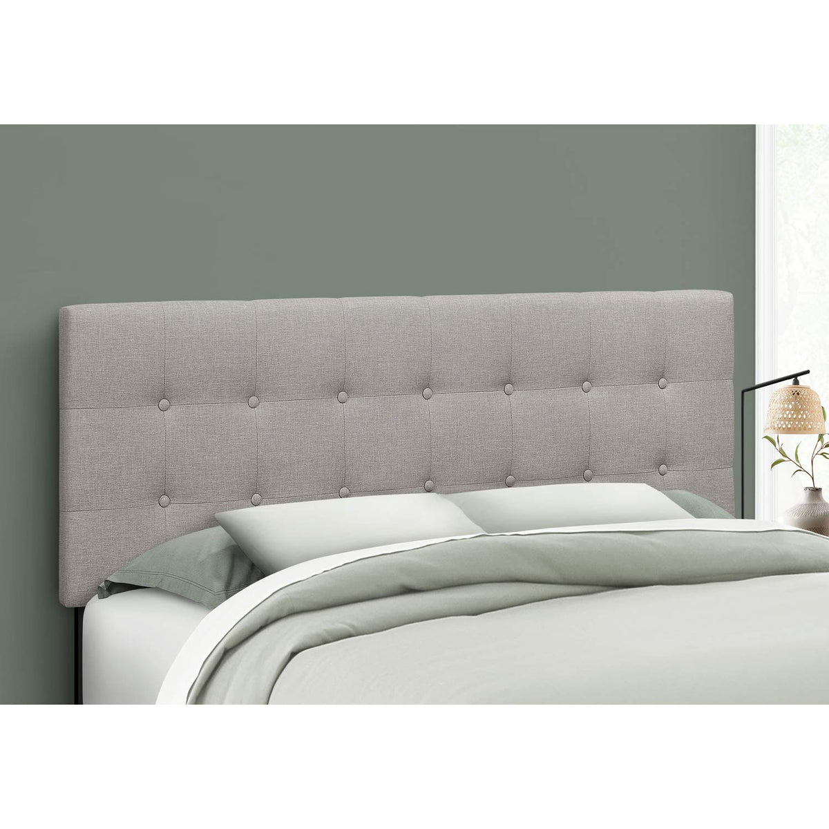 Monarch Specialties Queen Bed Headboard, Upholstered Linen Look in Grey, Transitional Style for Bedroom