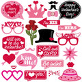 BASEMMAHER Valentine's Day Photo Booth Props Kit, 25Pcs Pink Wedding Selfie Photography Photo Props Hat Lip Glasses Heart Flower