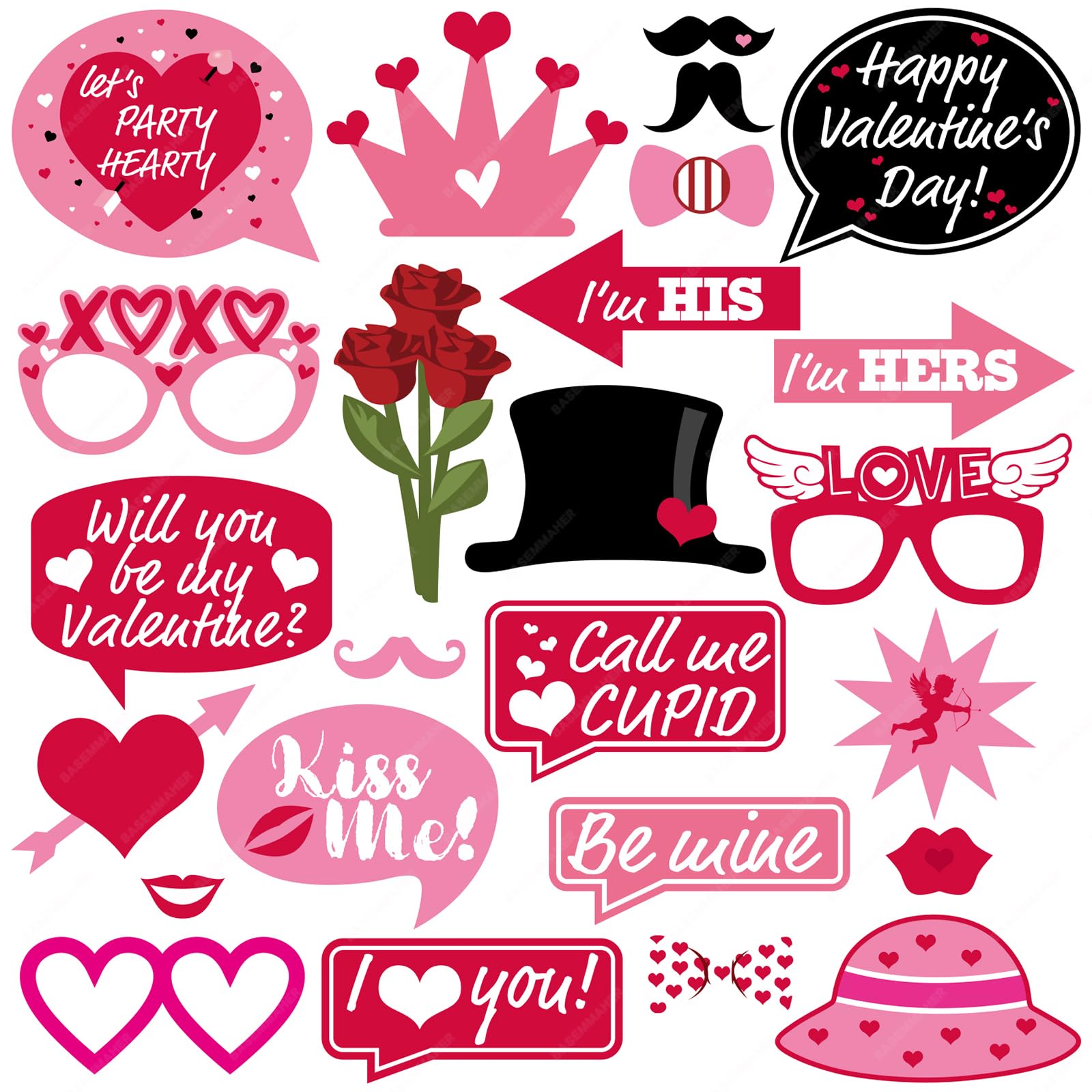 BASEMMAHER Valentine's Day Photo Booth Props Kit, 25Pcs Pink Wedding Selfie Photography Photo Props Hat Lip Glasses Heart Flower