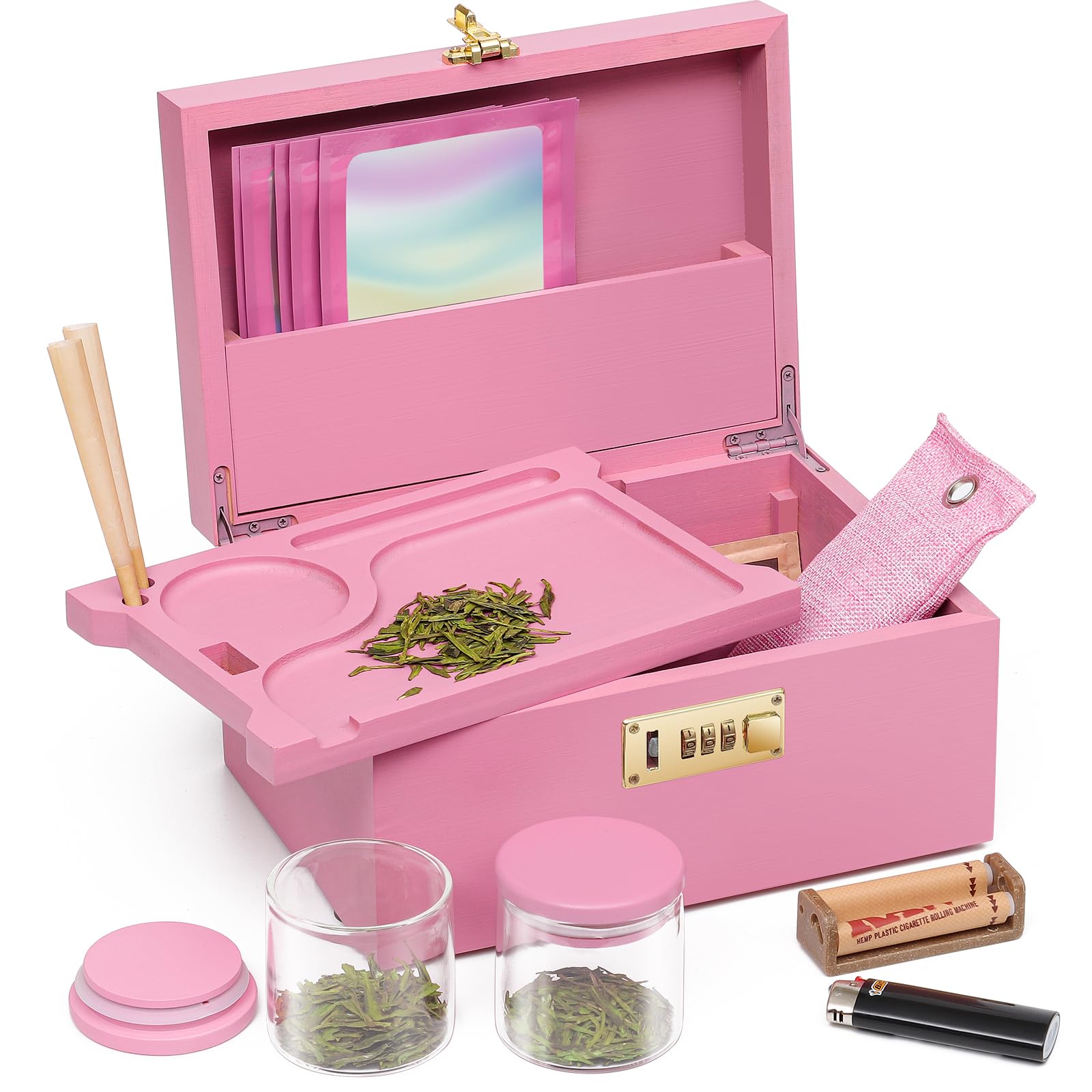 OZCHIN Large Bamboo Box with Combination Lock Decorative box for Home Great Gift Choice Storage Lockbox with Storage Jar, Tray, 
