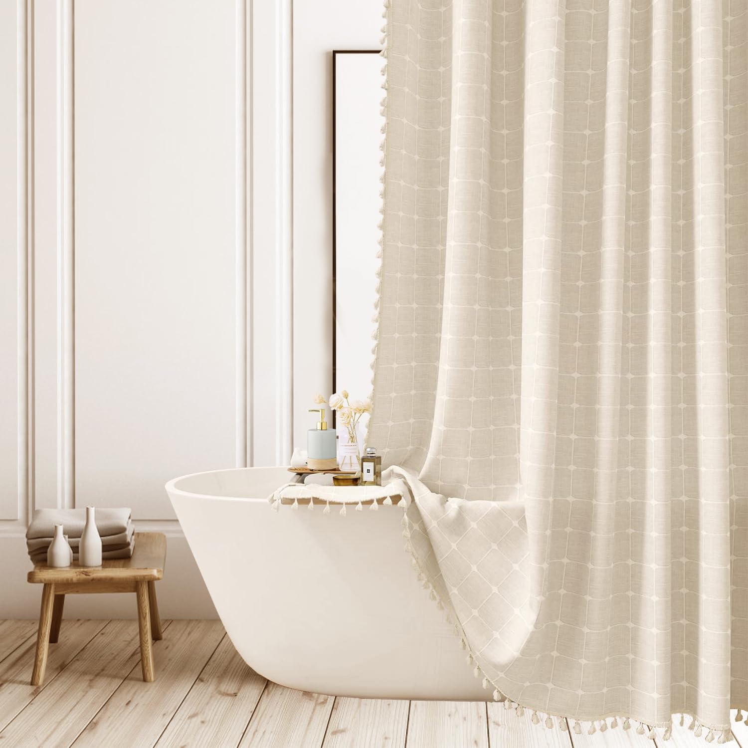 Boho Beige Striped Shower Curtain Farmhouse Polyester- Linen Neutral Shower Curtains For Bathroom,Country Heavy Duty Bathroom Cu
