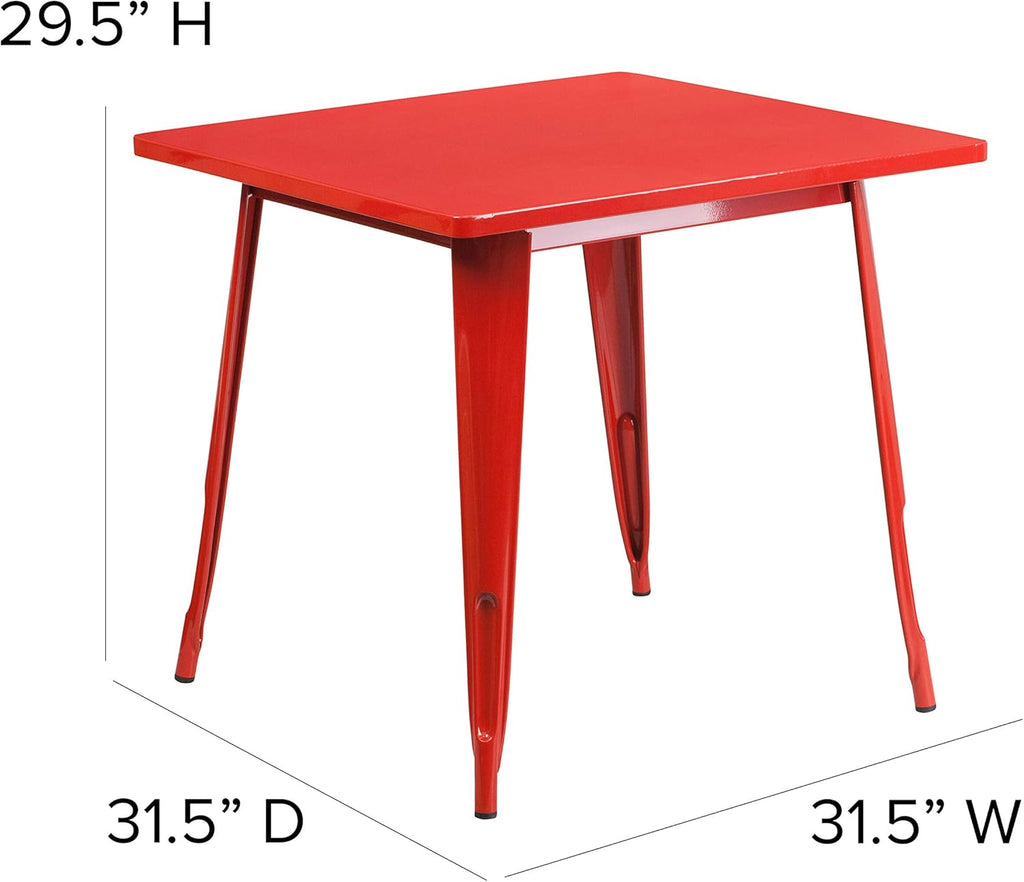 Commercial Grade 31.5 Square Red Metal Indoor-Outdoor Table Set with 4 Stack Chairs