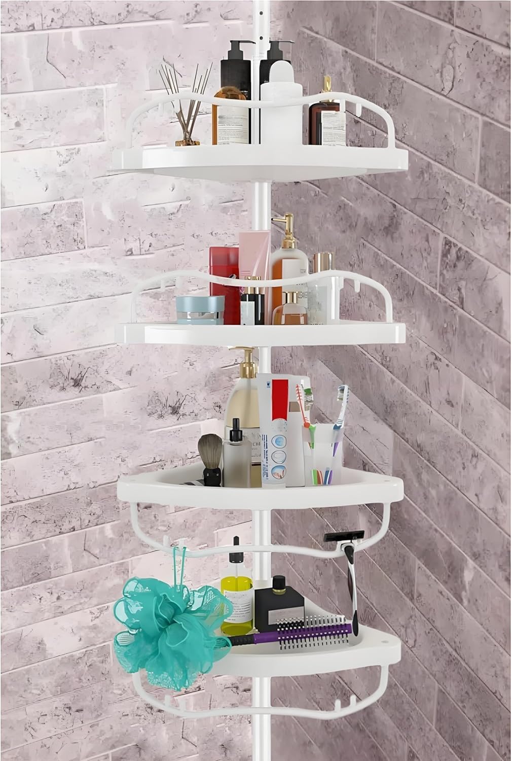 Sempicad Corner Shower Caddy,Rustproof Tension Shower Caddy with 4 ABS Baskets,Shower Storage Shelf with 56 to 125 Inch Adjustab