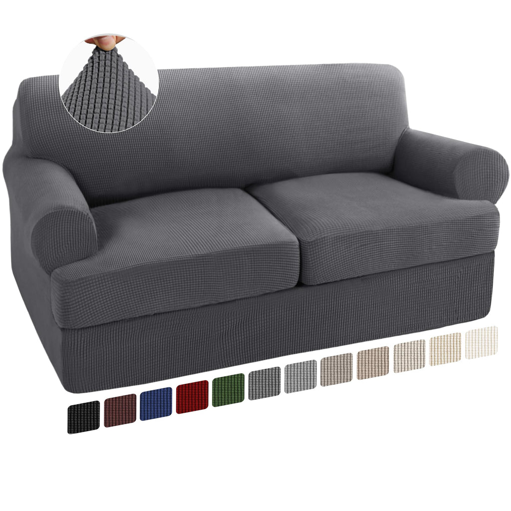 Turquoize 3 Piece T Cushion Loveseat Slipcovers Sofa Cover For 2 Cushion Couch Cover Washable Sofa Slip Cover Furniture Covers With 2 Individual T Cushion Seat Covers (2 Cushion Loveseat, Gray)