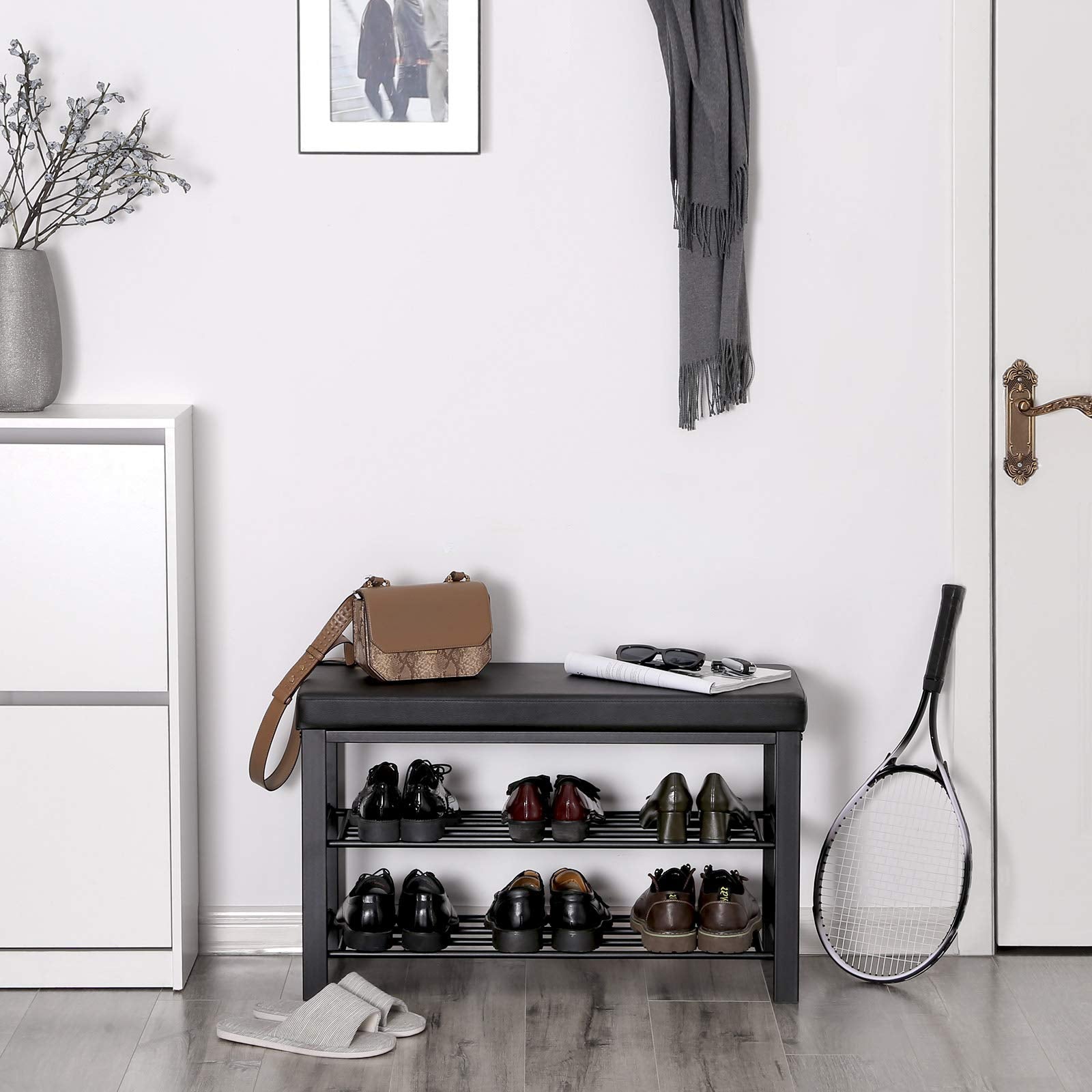 Songmics Shoe Bench, 3-Tier Shoe Rack For Entryway, Storage Organizer With Foam Padded Seat, Faux Leather, Metal Frame, For Living Room, Hallway, 12.2 X 31.9 X 19.3 Inches, Black Ulbs58H