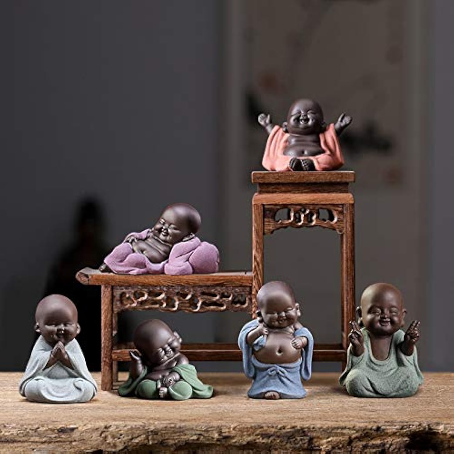 Kingzhuo A Collection of Cutie 6 Smiling Buddhas Laughing Buddha Statue Adorable Monk Figurines 6 Lovely Little Buddha Cutest Ba
