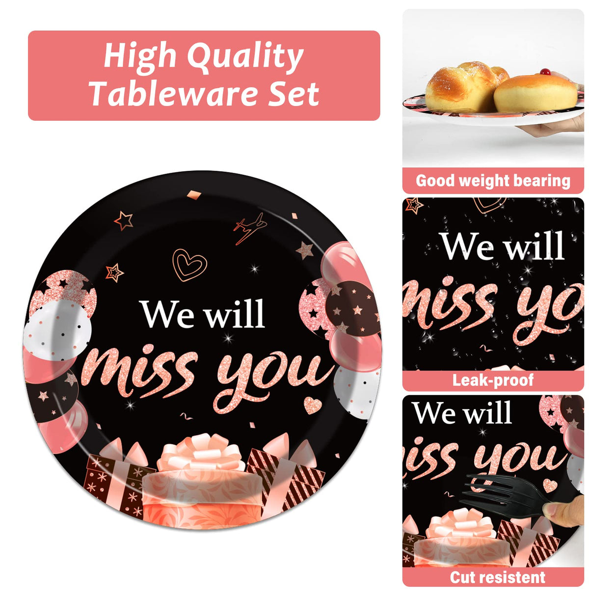 96Pcs We Will Miss You Party Paper Plate And Napkin Farewell Party Decoration Going Away Party Disposable Tableware Set Black An