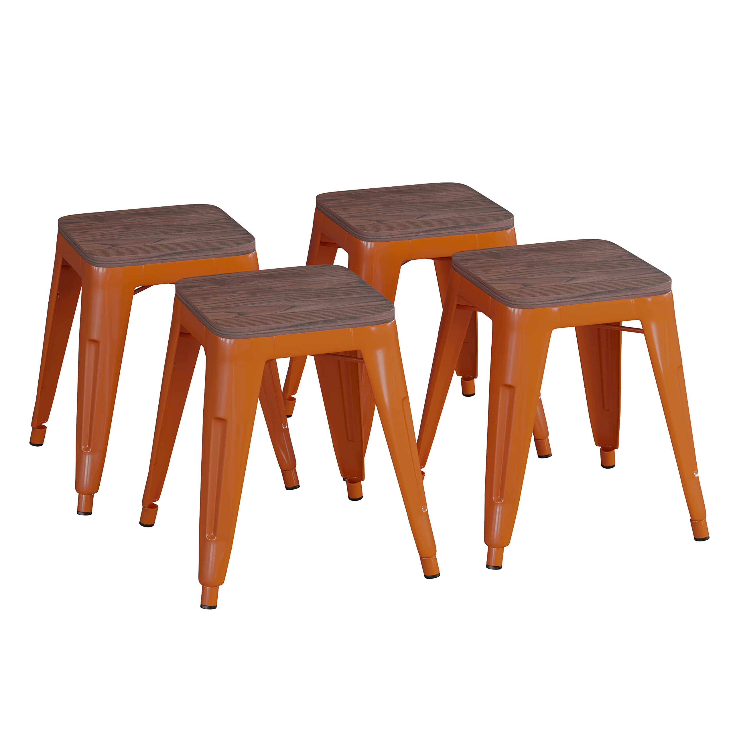 Flash Furniture Metal Dining Table Height Stool with Wooden Seat Set of 4 - Backless Orange Kai Commercial Grade Stool - Kai 18 