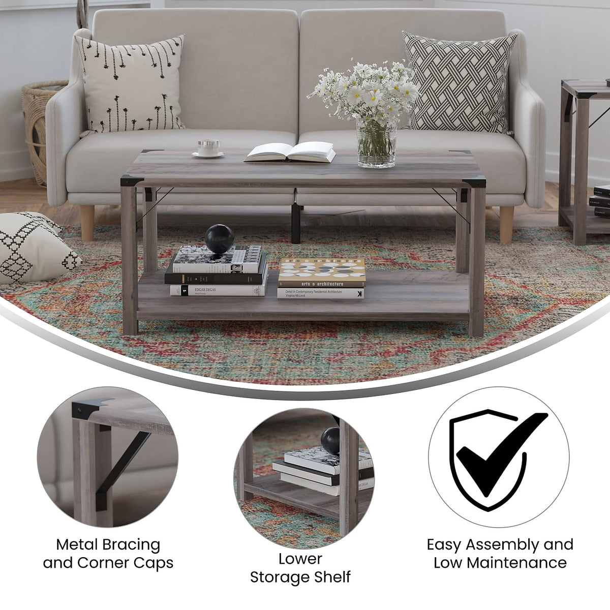 Flash Furniture Wyatt Modern Farmhouse 2 Tier Coffee Table - Gray Wash Engineered Wood Frame - Black Metal Crisscross Side Braces and Corner Accents