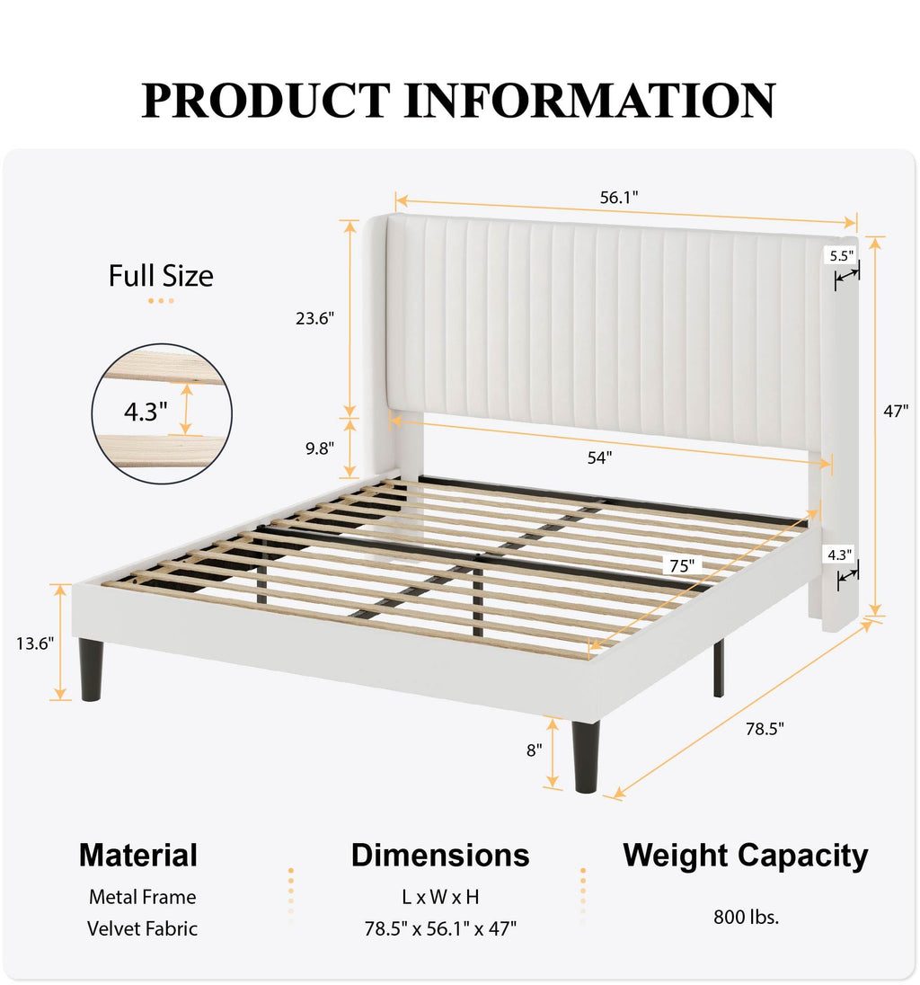 SHA CERLIN Full Size Velvet Bed Frame, White Upholstered Platform with Tufted Wingback Headboard, Easy Assembly, No Box Spring Needed
