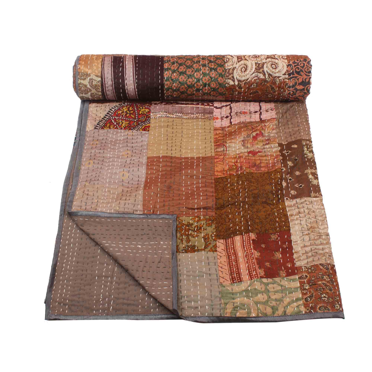 BOHEKANT Handicraft Silk Kantha Quilt Kantha Bed Cover Handmade Kantha Bedspread Kantha Blanket Throw03 (Twin, 60x90 Inches, Si