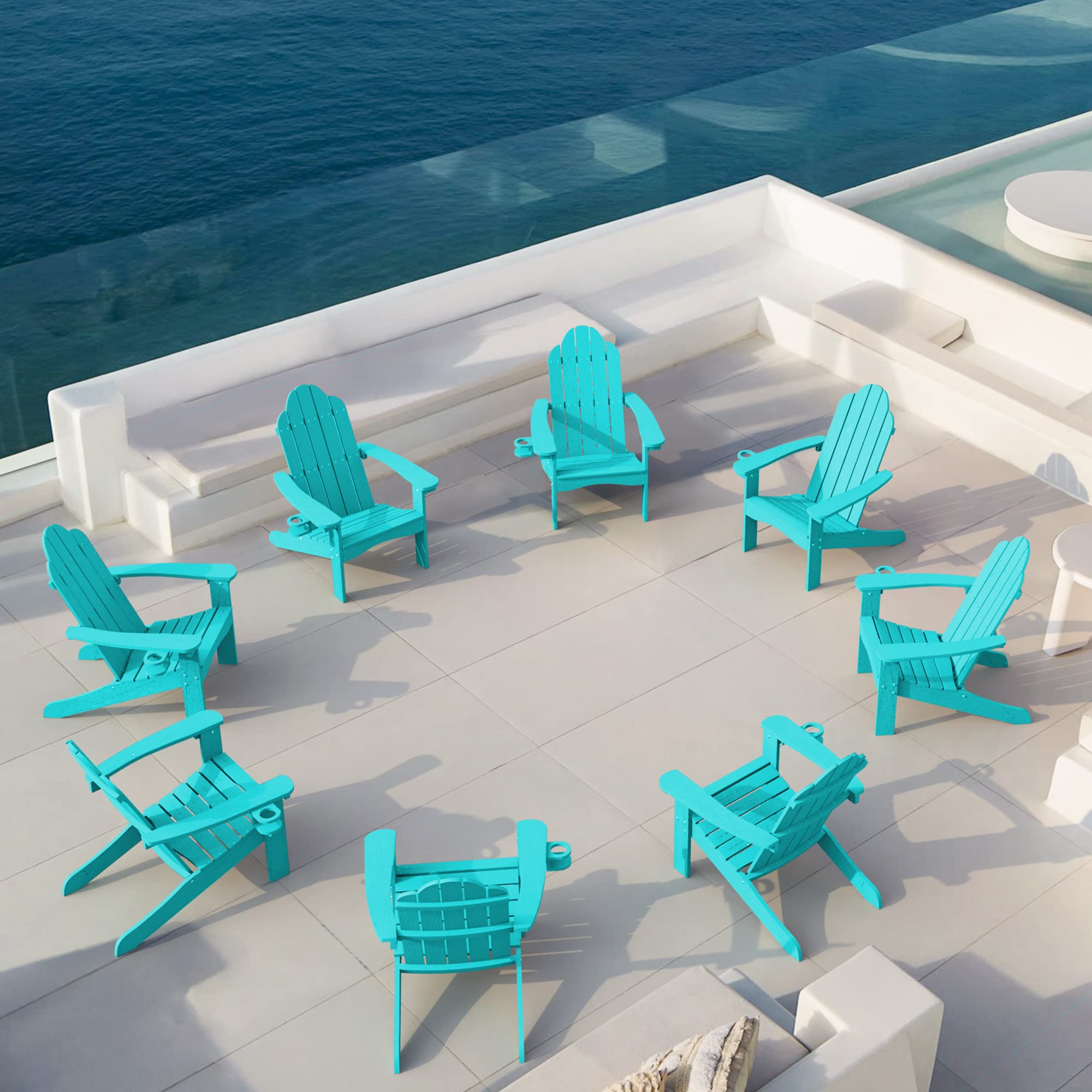 Lue Bona Hdps Adirondack Chairs Set Of 8, Fire Pit Outdoor Chair Weather Resistant With Cup Holder, Modern Plastic Chair Plastic For Patio, Deck, Proch, 350Lbs, Aruba Blue
