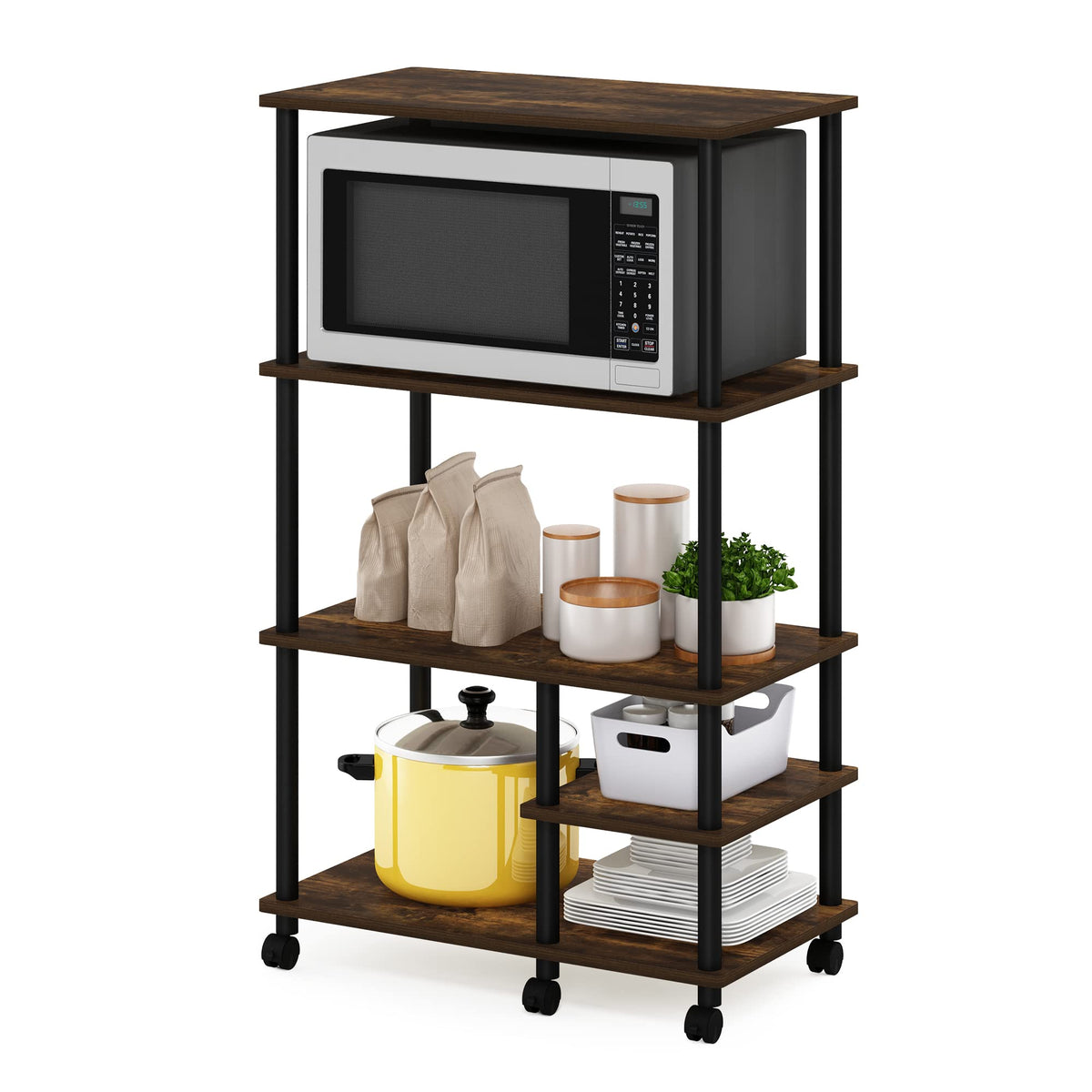 Furinno Turnntube 4Tier Toolless Kitchen Storage Shelf Cart, Amber Pine/Black