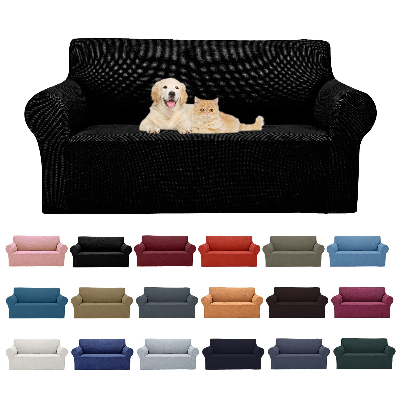 2025 New Stretch Loveseat Sofa Slipcovers Couch Cover For 2 Cushion Furniture Protector Sofa Covers With Elastic Bottom Jacquard Fabric Small Checks For Pets, Kids - Black