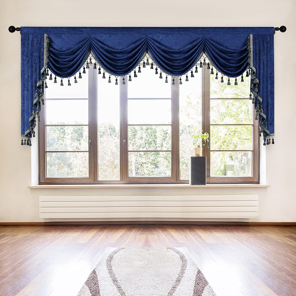 Elkca Thick Royal Blue Chenille Window Curtains Valance For Living Room Waterfall Valance For Bedroom (W118Inch, 1 Panel)