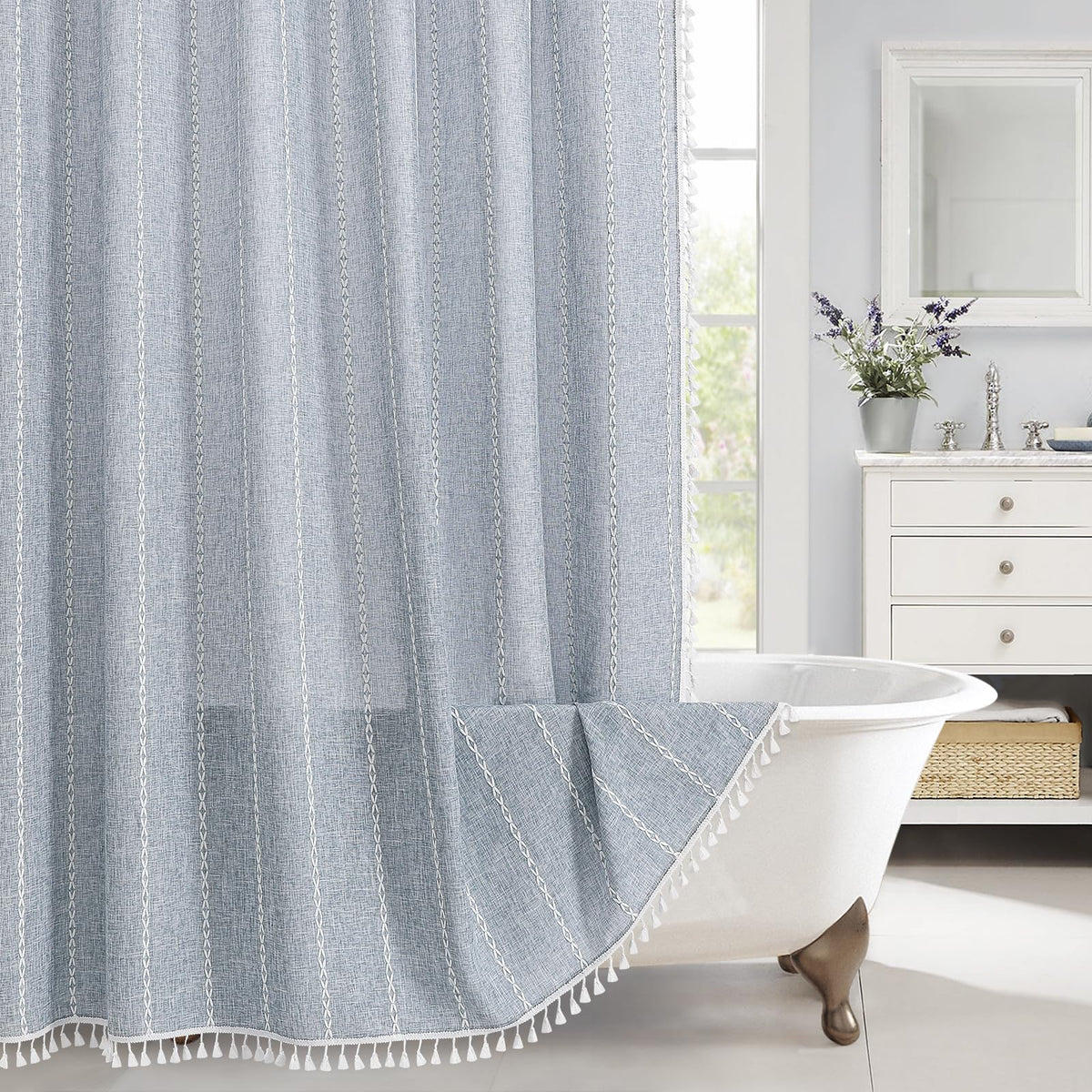 Mitovilla Blue Boho Fabric Shower Curtain, Modern Farmhouse Cotton Linen Shower Curtains For Vintage Rustic Bathroom Decor, Coun