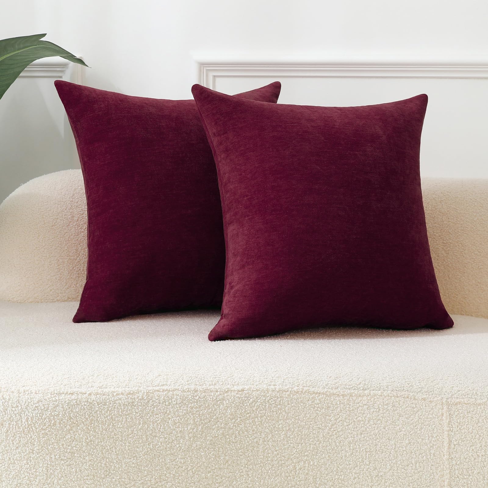 Qanatmz Burgundy Cozy Soft Throw Pillow Covers, Decorative Chenille Square Couch Cushion Cases For Sofa Decor, Set Of 2, 18 X 18