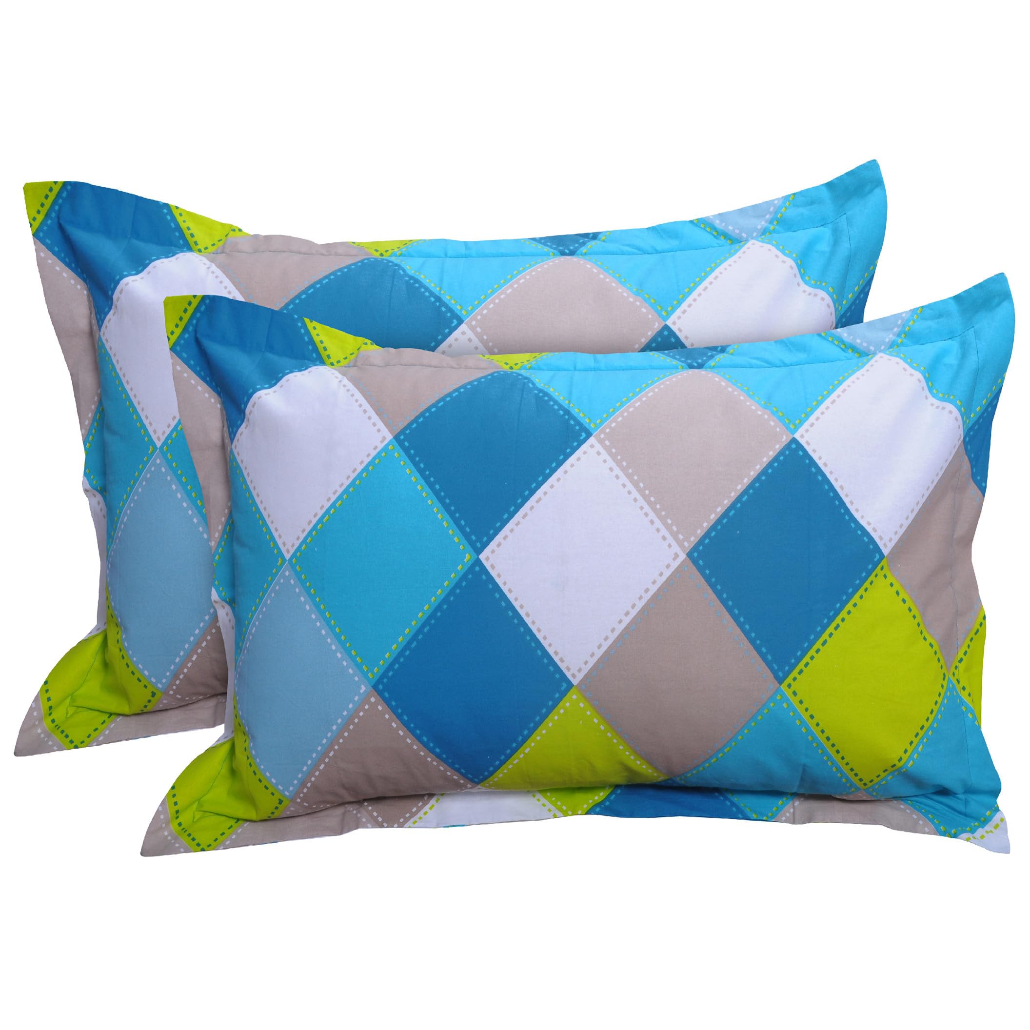 Huesland By Ahmedabad Cotton 2 Pcs Cotton Pillow Cover Set  Blue, Green & Grey