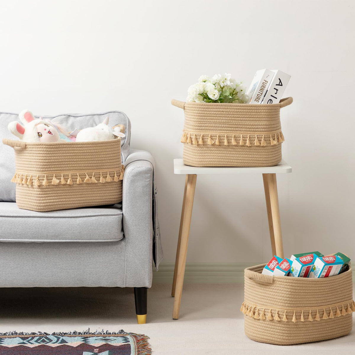 Teokj Storage Basket 3 Pack For Organizing, Rope Cotton Baskets For Toy, Clothes, Blankets, Decorative Basket For Living Room, Nursery, Bathroom, Jute