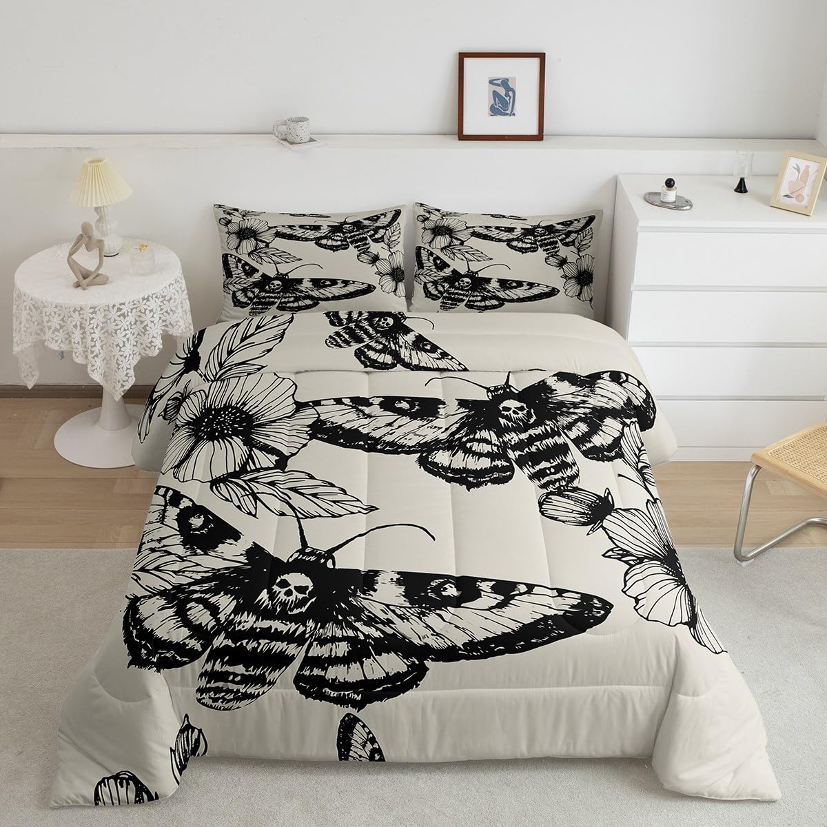 Feelyou Gothic Skull Bedding Set Decorative Death Moth And Flowers Comforter Set Queen Size For Kids Teens Adults Bedroom Decor 