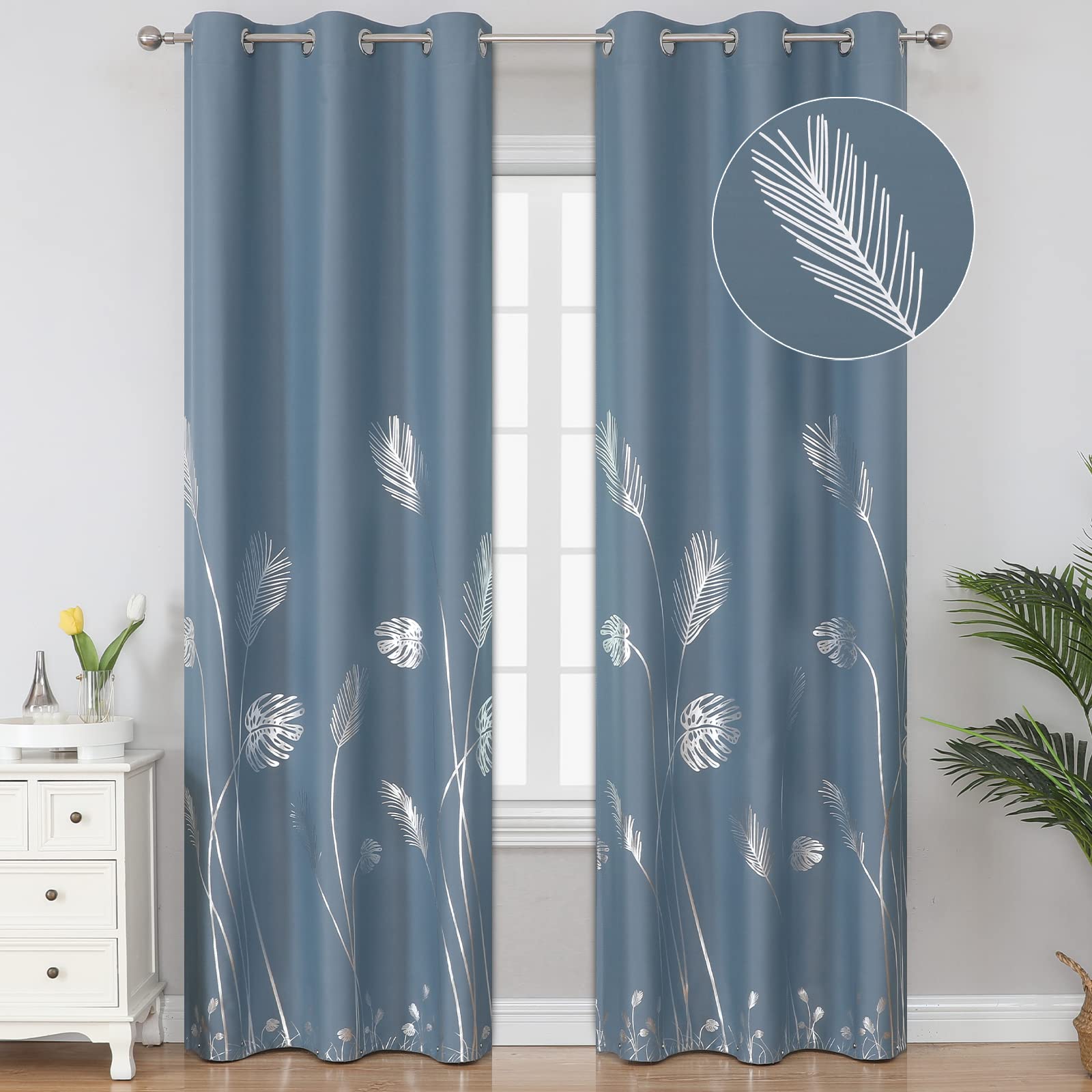 Estelar Textiler Stone Blue Blackout Curtains For Living Room,Room Darkening Curtains With Silver Palm Tree Pattern, Light Block