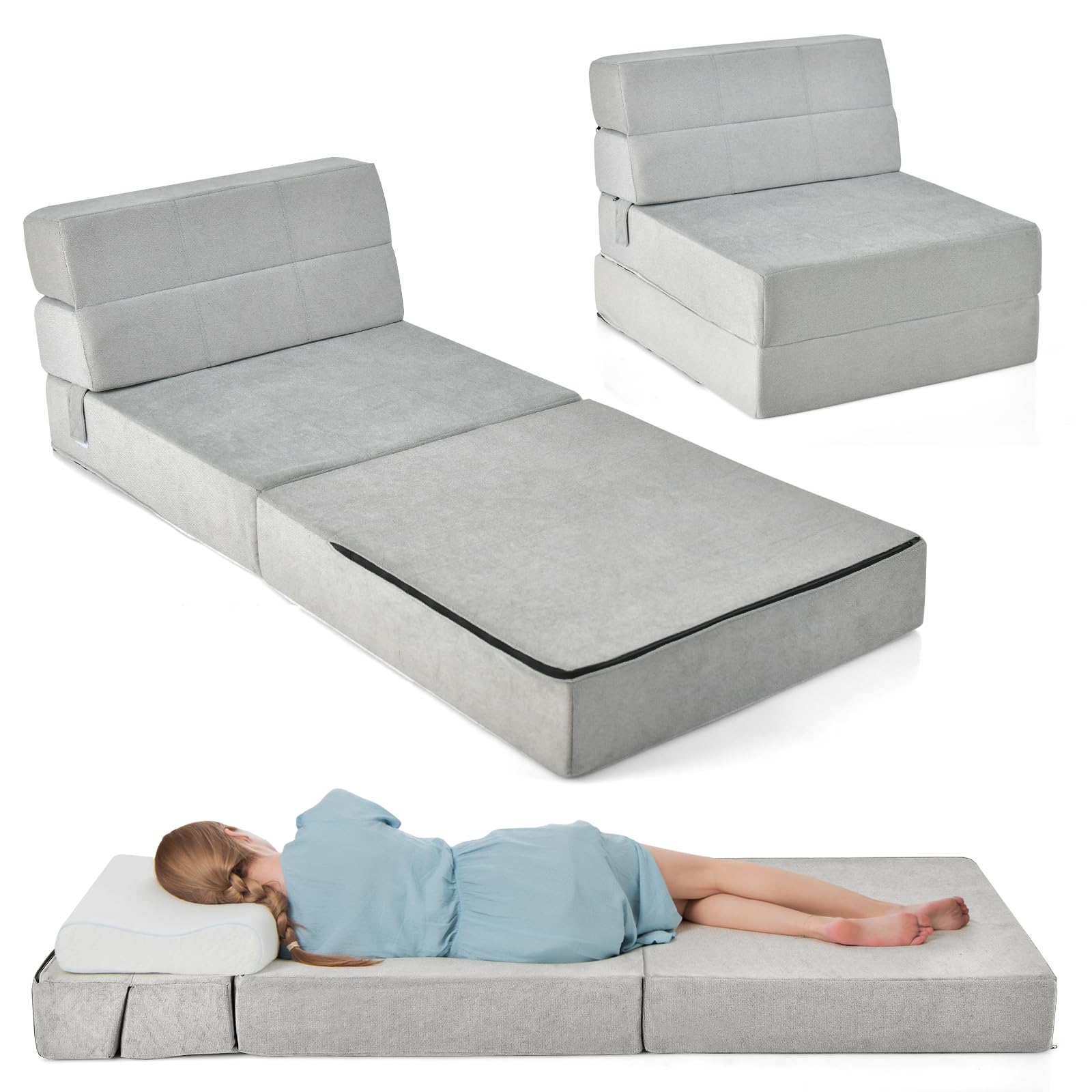 Relax4Life Folding Sofa Bed Chair - 3-In-1 Convertible Couch Sleeper, Floor Futon Couch W/Removable Cover & Full Padded Foam, Fabric Guest Sleeper Chair For Living Room, Study, Apartment (Grey)