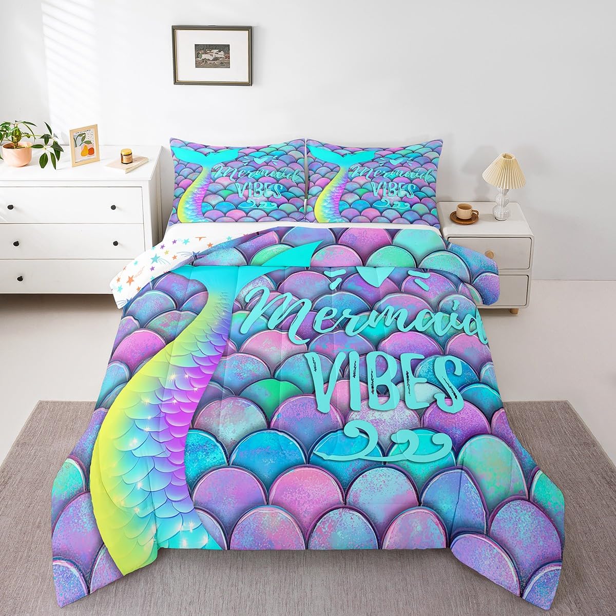 Erosebridal Mermaid Comforter Set Queen Size, Kids Fish Scales Duvet Sets, Girly Rainbow Bedding Set For Boys Teens Women Bedroo
