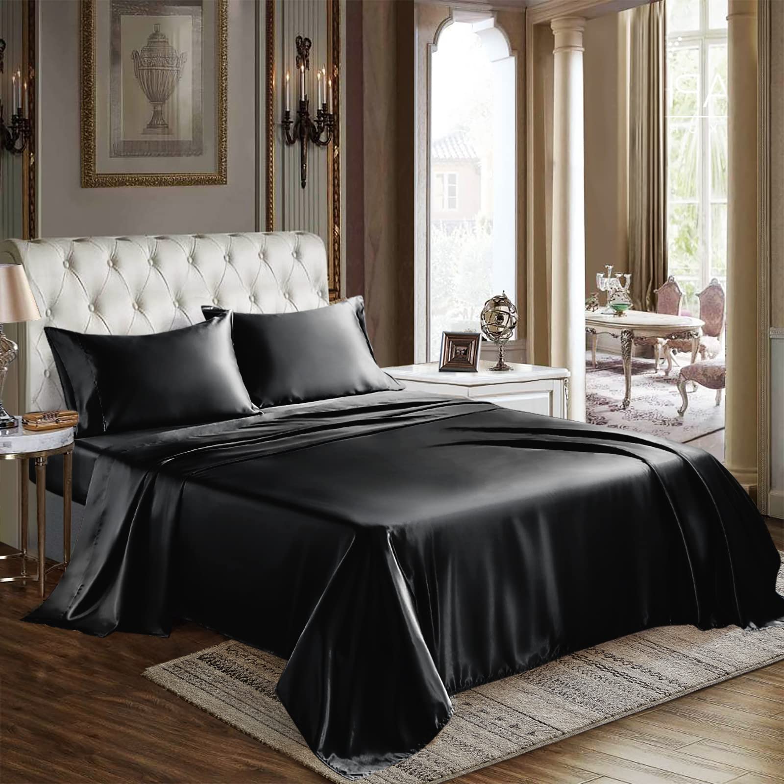 Cozylux Satin Sheets Queen Size - 4 Piece Black Bed Sheet Set With Silky Microfiber, 1 Deep Pocket Fitted Sheet, 1 Flat Sheet, A