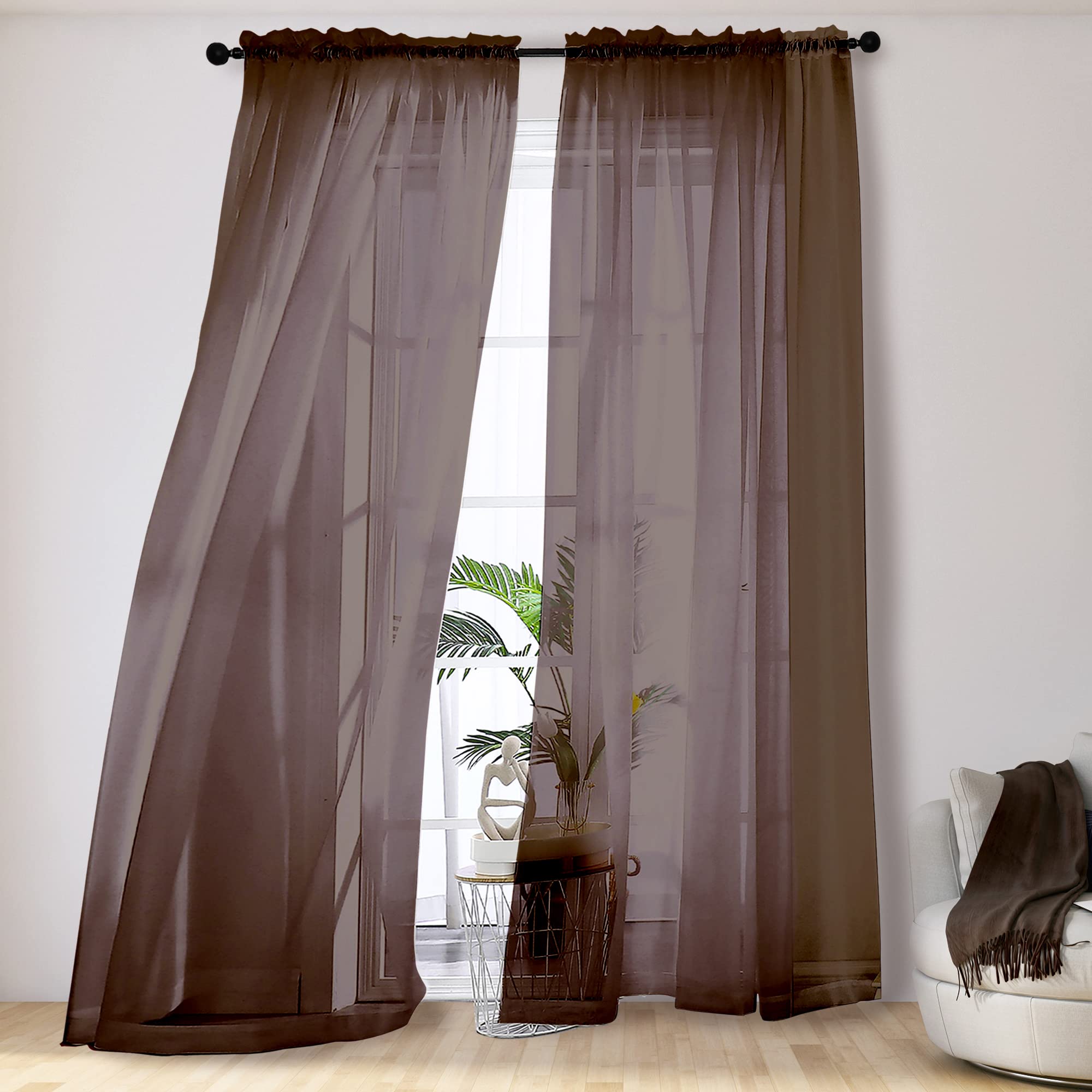 Ovzme 2 Panels Solid Color Sheer 96' Length Window Curtains, Elegant Voile Panels/Draperies/Treatment For Bedroom Living Room C
