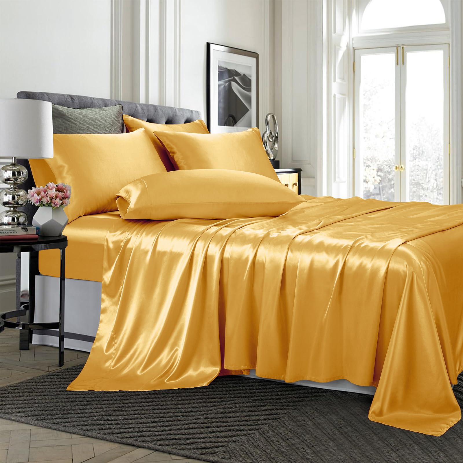 Treely 4 Piece Satin Sheets Twin Size Silky Smooth Gold Satin Sheet Set With Deep Pocket, Satin Fitted Sheet, Flat Sheet, 2 Sati