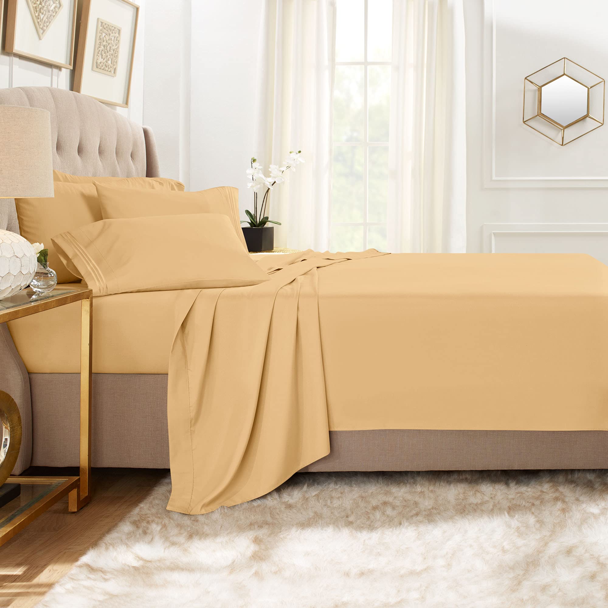 Clara Clark Queen Sheets, 6 Piece Set - Hotel Luxury Sheets For Queen Size Bed, Super Soft Bedding Sheets & Pillowcases, Queen Size Sheets, Camel Gold