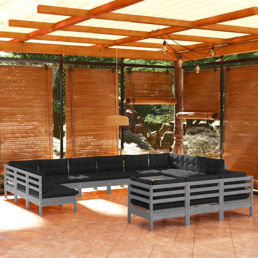 vidaXL Solid Pinewood Patio Lounge Set 13 Piece with Cushions Garden Outdoor Lawn Yard Terrace Balcony Wooden Seat Seating Furniture Gray