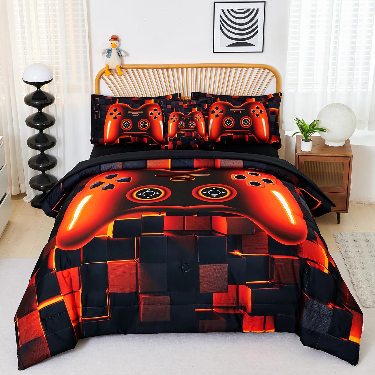 Perfemet 6 Piece Orange Gaming Bedding Set Twin Size Game Console Boys Comforter Set With Sheets 3D Cool Soft Fluffy Video Gamer