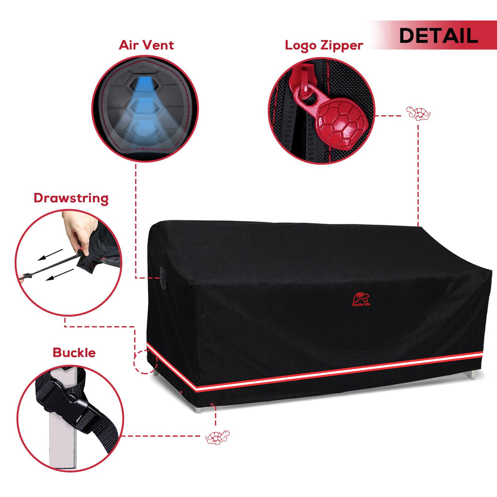 Turtle Life Patio Sofa Cover, Outdoor Heavy Duty Durable Uv Water Resistant Anti-Fading Multi-Person Sofa Cover With 2 Upgrade Air Vents And 2 Buckles, Black, 72' W X 37' D X 35' H