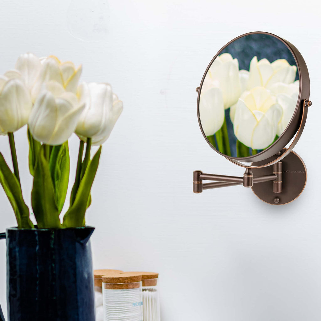 Ovente 9' Wall Mount Makeup Mirror, 1X & 10X Magnifier, Adjustable Spinning Double Sided Round Reflection, Extend, Retractable